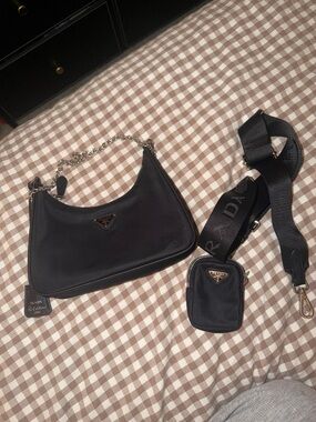 Prada Black Nylon Shoulder Bag with Chain Handle and Detachable Logo Strap